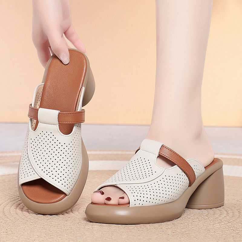 Leather Work Women Shoes - Sandalias de cuero suave con tacón