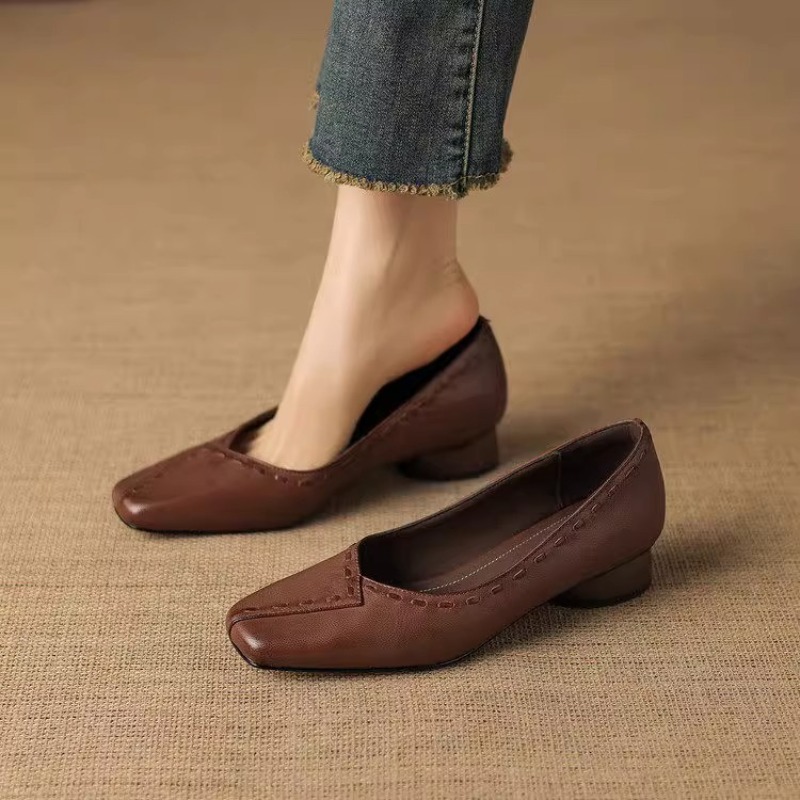 Leather Work Outfit - Elegantes Zapatos Planos de Tacón Grueso