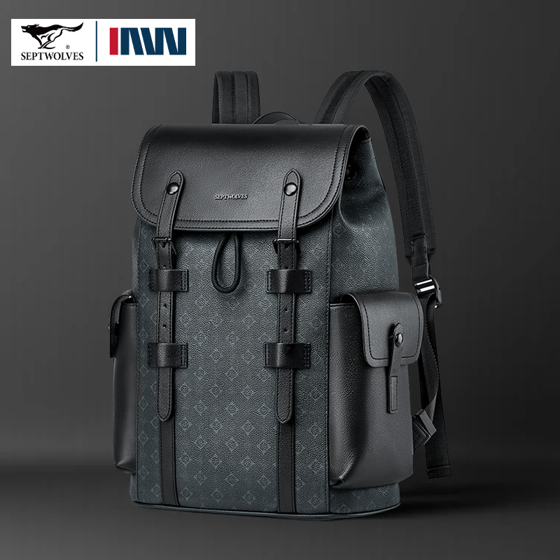 Leather Work Rucksack Mens - Septwolves, mochila de cuero estampada de